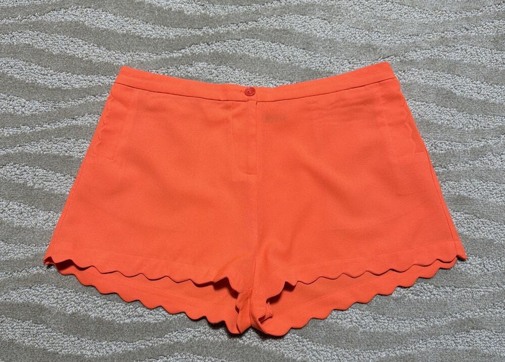 Ark & Co Women's Scallop Hem Detail High Rise Neon Orange Shorty Shorts Size M